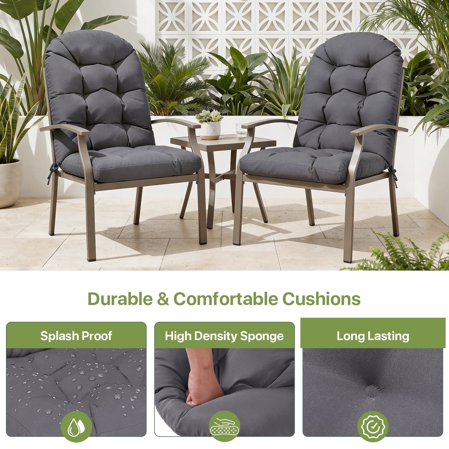 BaPiPro High Back Outdoor Chair Cushions Gray Set of 2 Water-Resistant Polyester with Ties No Assembly Patio Poolside
