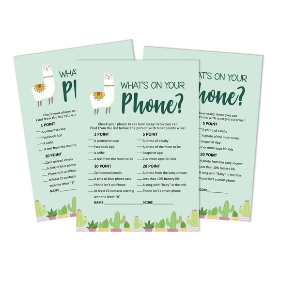 Inkdotpot 50 Sheets What'sIn Your PhoneBaby Shower GameCards Llama Gender Neutral Activity CardsPartyIdea Baby Shower Party Supply