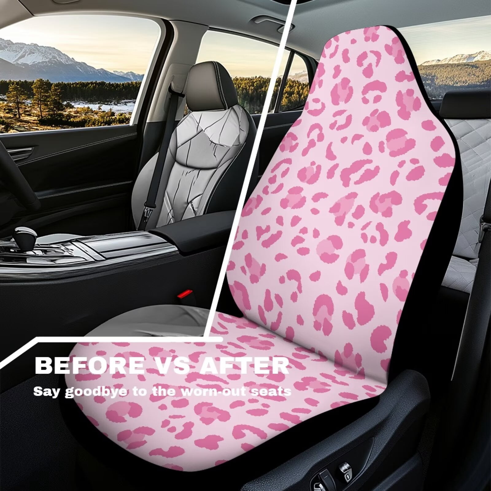 Uorisanigo Car Seat Covers Waterproof Auto Seat Covers Protector Removable Automotive Accessories Universal Front Car Seats Fit Most Cars Women Men, Pink Cheetah Leopard Print