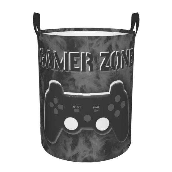 DouZhe Waterproof Collapsible Large Laundry Baskets, Gamer Zone Gray Game Controller Prints Circular Hamper with Handles