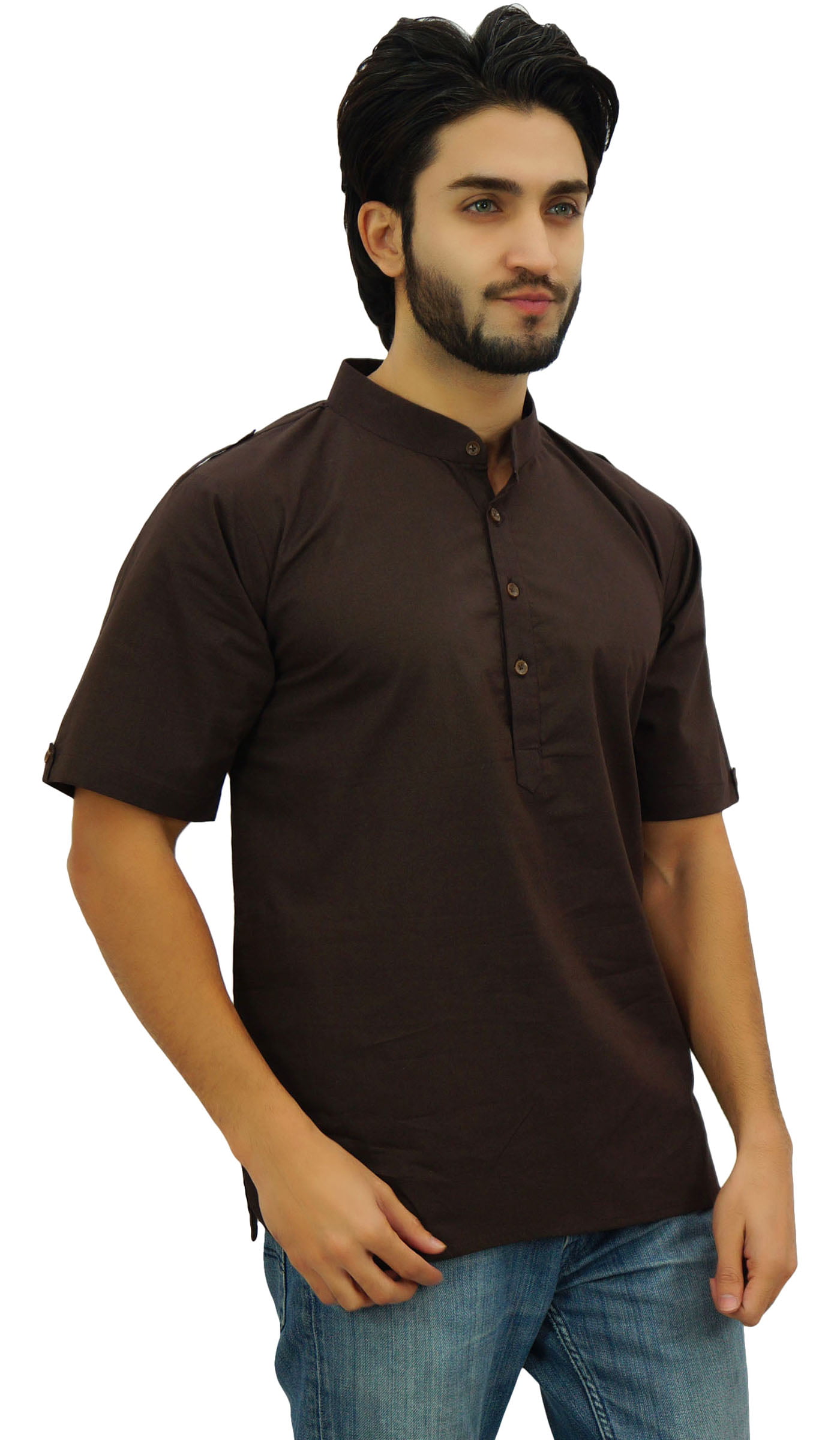 Atasi Men's Mandarin Collar White Cotton Short Kurta Casual Ethnic Shirt 