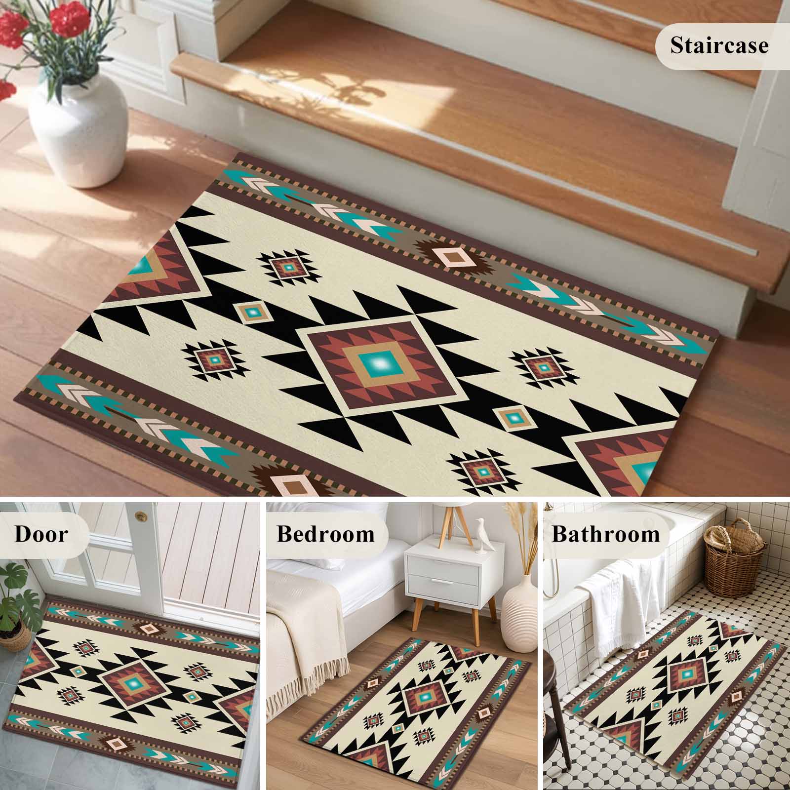 Southwest Geometric Bathroom Mat 2x3 FT, Non Slip Small Kitchen Mat, Brown Mexican Aztec Boho Tribal Washable Soft Backed Front Door Throw Rug Non-Shedding Indoor Outdoor Doormat for Entryway Sink