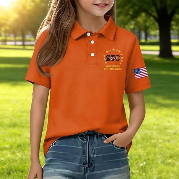 CCRFTGI 250 Anniversary USA Flag Polo Shirts for Kids Girls Boys Size 10-12 School Uniform Independence Day Shirts 1776-2026 Pique Collared Polos Short Sleeve Summer Tops Orange 3-4 Years