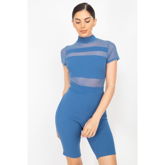 Stripe Mesh Mock Neck Biker Romper L