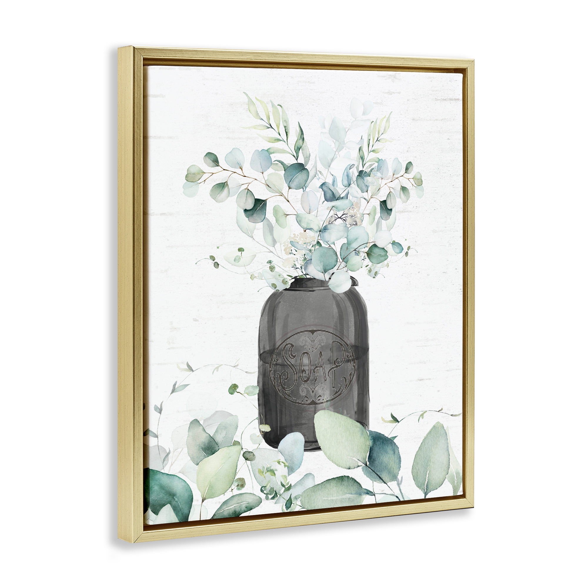 Soap Jar & Eucalyptus Gold Framed Floater Canvas Wall Art, design by Lettered and Lined