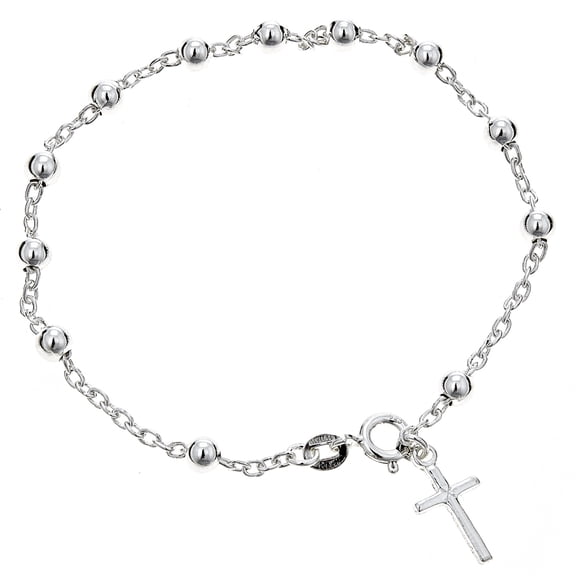Ritastephens Women Adult Sterling Silver Rosary Bead Cross Religious Bracelet 7"