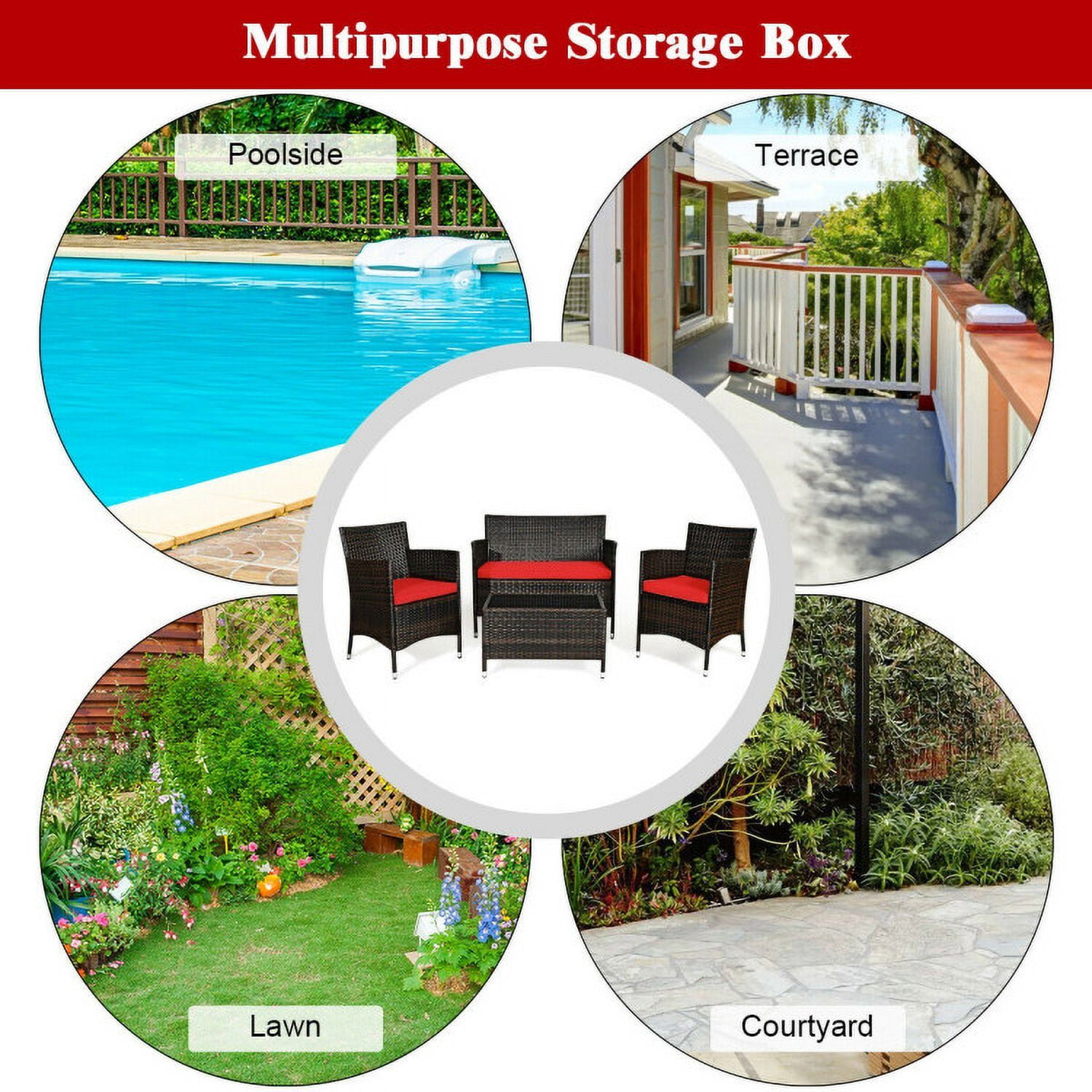 Aimee Lii 4 Pieces Patio Cushioned Wicker Conversation Set, Outdoor Sectional Set with with Glass Coffee Table, Red