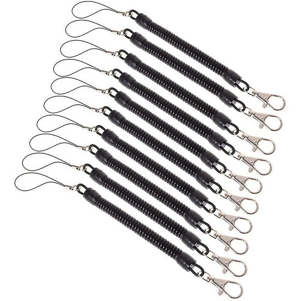10 llaveros de cuerda de resorte negro con resorte elástico en espiral con correa para llavero de teléfono móvil con gancho de seguridad y llavero retráctil con cierre de langosta de metal (bl