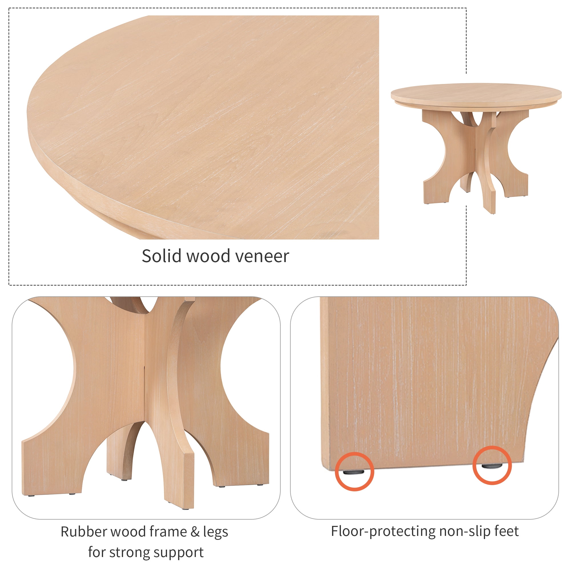 Euroco 5-Piece Round Dining Set,Rustic Kitchen Table Set with 3 Upholstered Chairs and Curved Bench for Dining Room/Kitchen/Living Room,Natural