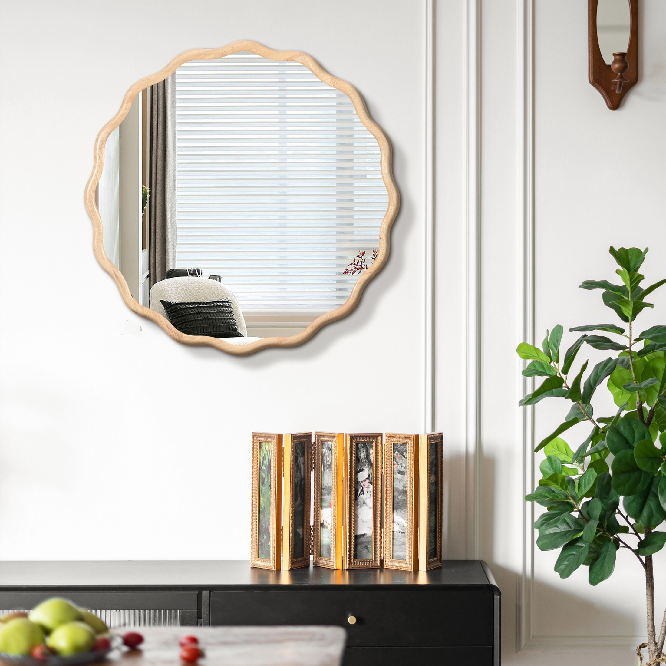 Noble House Wavy Solid Wood Vanity Mirror, Modern Wall Decor for Bathroom, Bedroom, or Entryway, Natural Wood