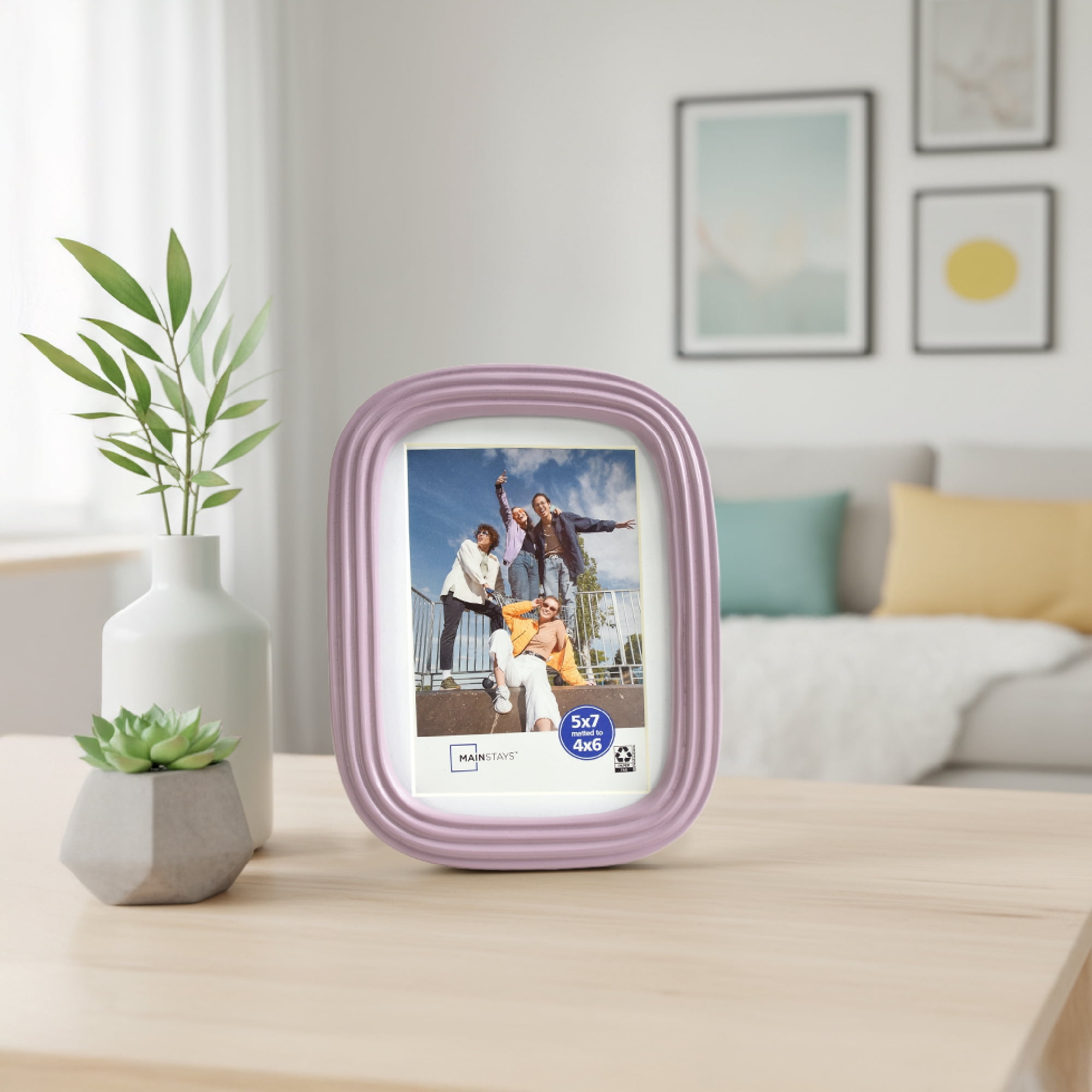 Mainstays Hazy Purple Ribbed Rounded Corner 5x7 Picture Frame Matted to 4x6, Hazy Purple Photo Frame for Wall, Tabletop Display
