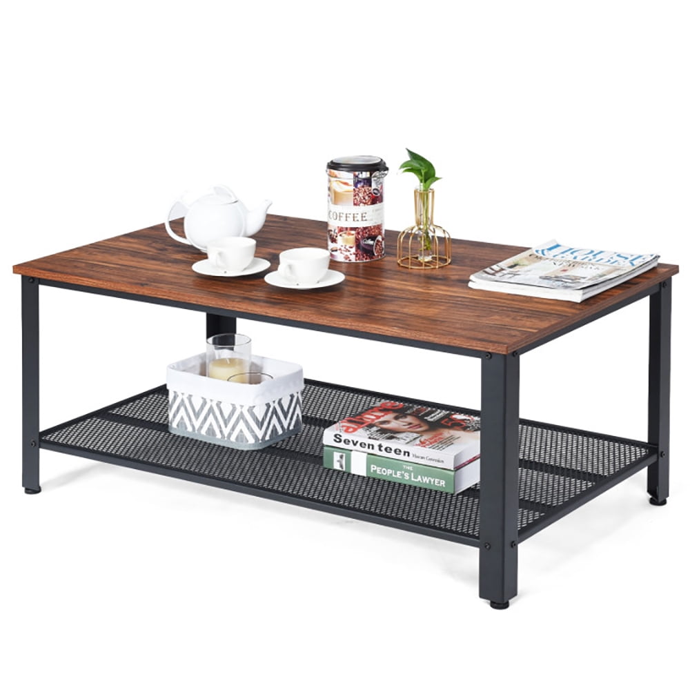 Finihen Wooden Coffee Table, Metal Frame Wood Coffee Table Console Table with Storage Shelf, for Living Room, Reception Room, Office, Brown