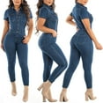 thumbnail image 1 of Women Denim Jumpsuit Short Sleeve Turn-Down Collar Single Breasted Casual Jeans Rompers Overalls, 1 of 6