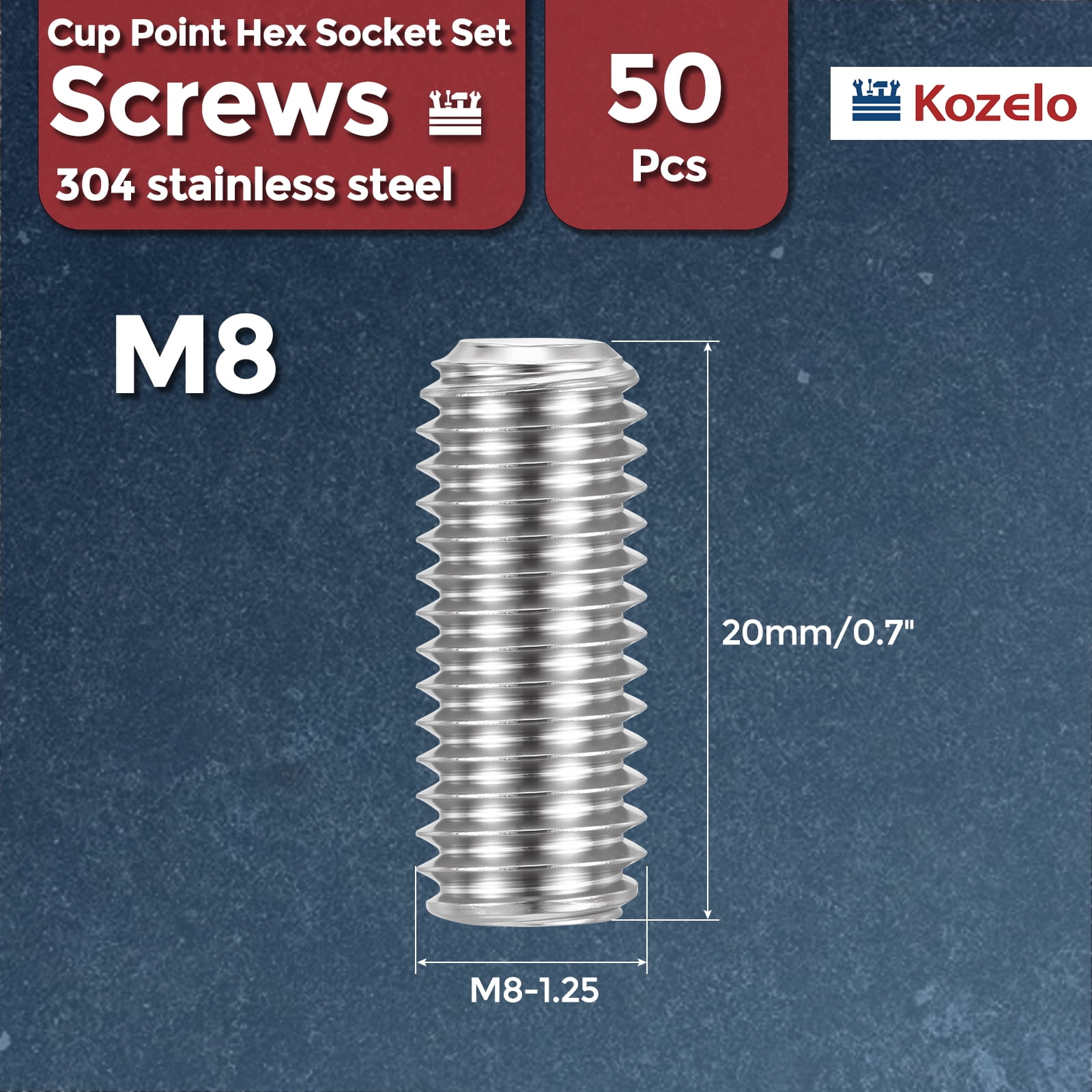 Uxcell 50pcs Cup Point Hex Socket Set Screws - [M8-1.25x20mm] 18-8 Stainless Steel Headless Allen Head Grub Set Screw with Hex Key Wrench for Door Handles, Bathroom Fixture & Towel Rack