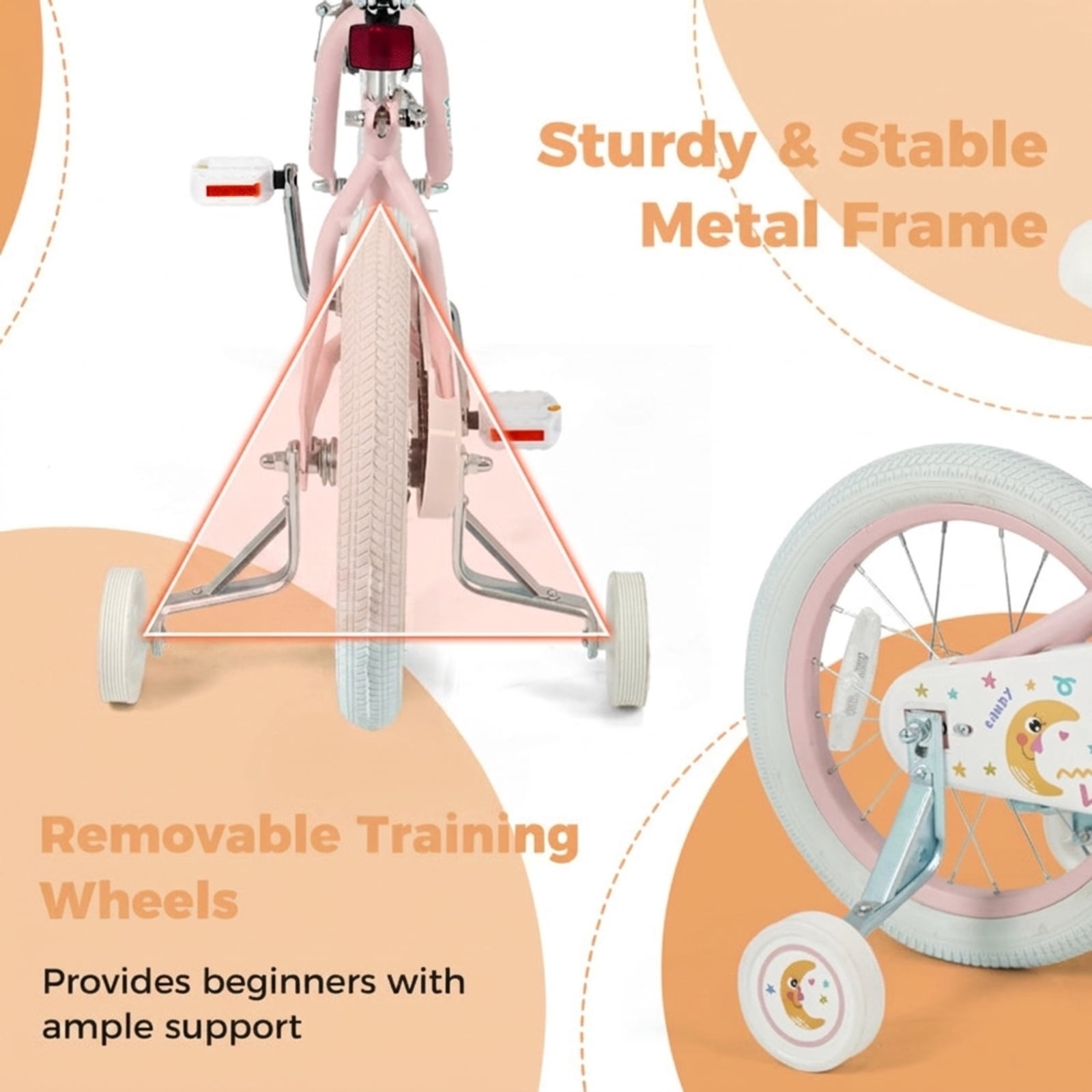 Redsmile Kids Bike 12 Inch for Boys Girls Ages 3-8, Adjustable Toddler Bicycle with Training Wheels and Stars & Moon Design, Height-Adjustable Seat, 110 lb Capacity, Pink