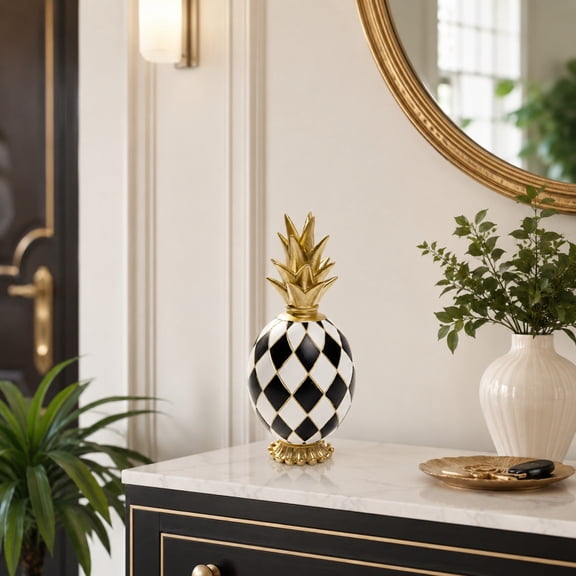 8.3 Inch Pineapple Decor Statue, Resin Black and White Checkered Pineapple Decorations Figurine, Modern Sculptures Home Decor for Table Shelf Desk Mantel Office Kitchen