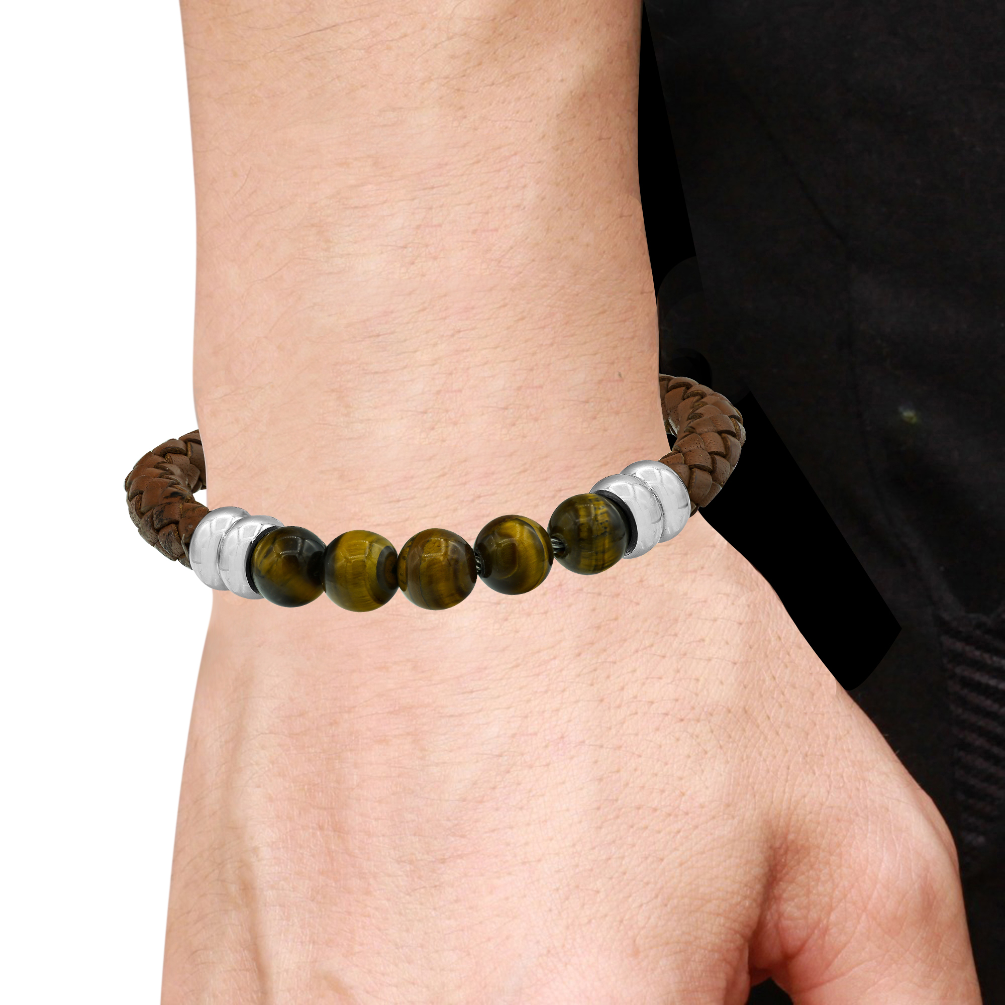 Arista Genuine Blue Tiger Eye Men's Bead Bracelet in Stainless Steel, 8.5"