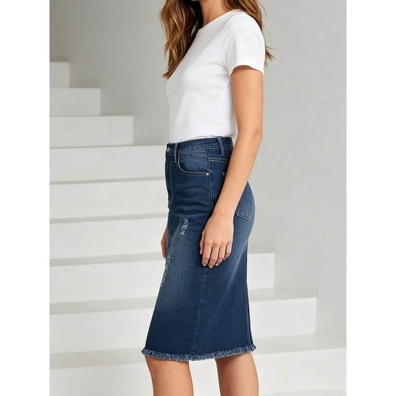 Blue Denim Midi Skirt With Frayed Hem And Distressed Detail For Women