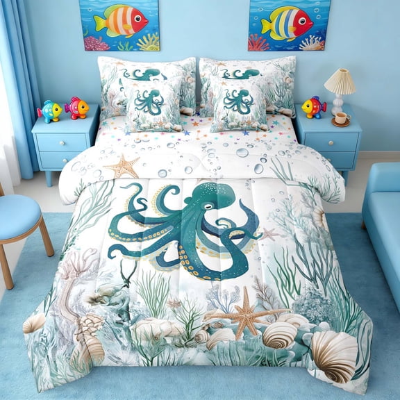 Manfei Watercolor Octopus Underwater Coral Seashell Twin Bedding Sets for Kids Boys and Girls, Nautical Marine Life Print Bedding Comforter Set, Stars Reversible 7 Pieces