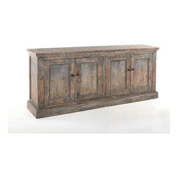 Benjara Miy Sideboard Buffet Cabinet- 4 Door- Antique Blue Pine Wood 83 Inch