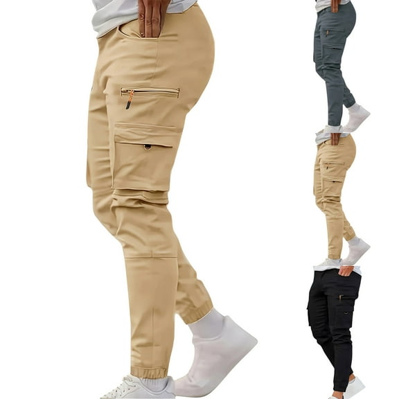 RYDCOT Men's Casual Pants Elastic Waist Lightweight Zipper Pockets Casual and Fashionable Sweatpants Khaki