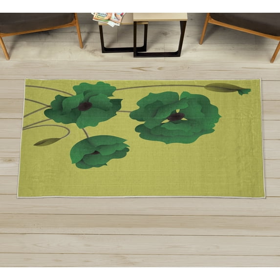 Floral Decorative Rug, Poppy Flowers Vivid Petals Buds Pastoral Purity Mother Earth Nature Design, Quality Carpet for Bedroom Dorm and Living Room, 6 Sizes, Avocado Green, by Ambesonne