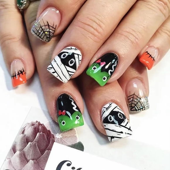 Uñas postizas adhesivas BMKKOT Halloween Momia Telaraña 24 piezas