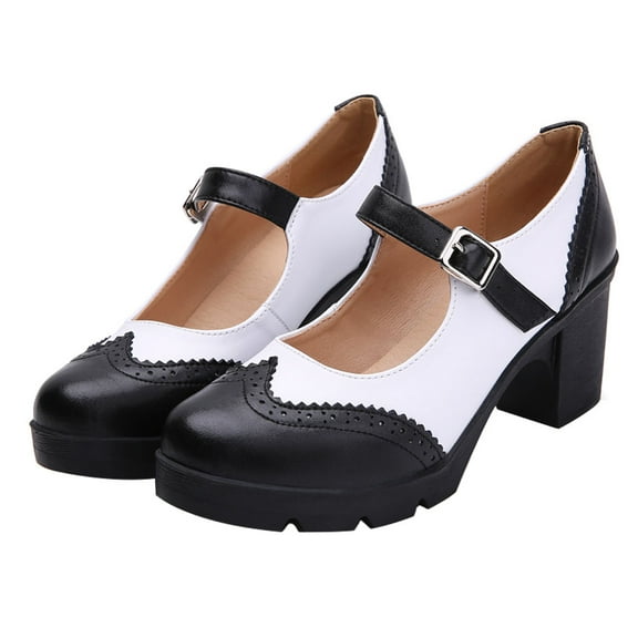 Hemoton 1 Pair Platform Mid-heel Shoes Women's British Style Round-toe Shoes Black White