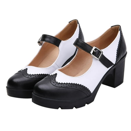 

1 Pair Lady s Platform Chunky Heels Round-toe Strap Buckle Shoes Black White