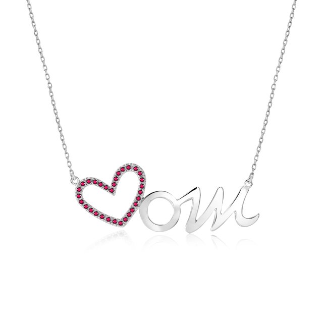 Collar con Colgante de Corazón Abierto JeenMata con Piedra Roja Decorada en Oro Blanco de 18 K sobre Plata - Piedra Natal de Enero - Regalo para Mamá