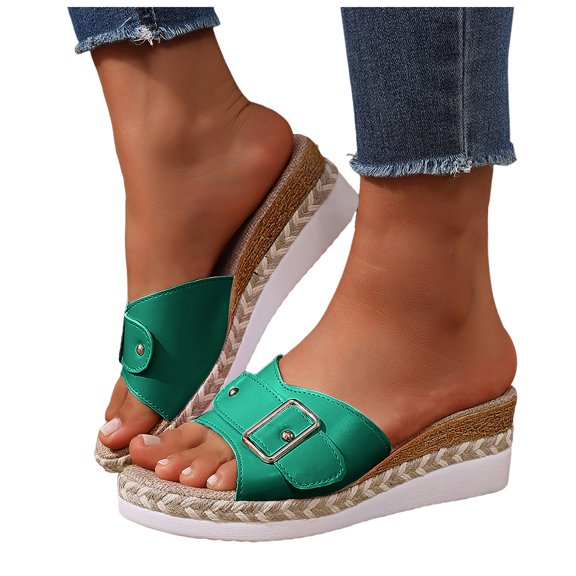 Rokment Womens Buckles Platform Wedge Slides Sandals 2026 Trendy Casual Leather Espadrilles Chunky Slip on High Heels Beach Summer Dress Slippers Green Size 6
