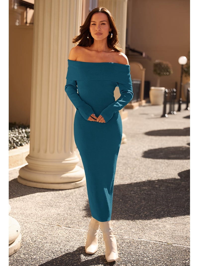 off the shoulder midi sweater dress Endless Rose BlackSize + Fit Merokeety Womens Fall Winter Dresses