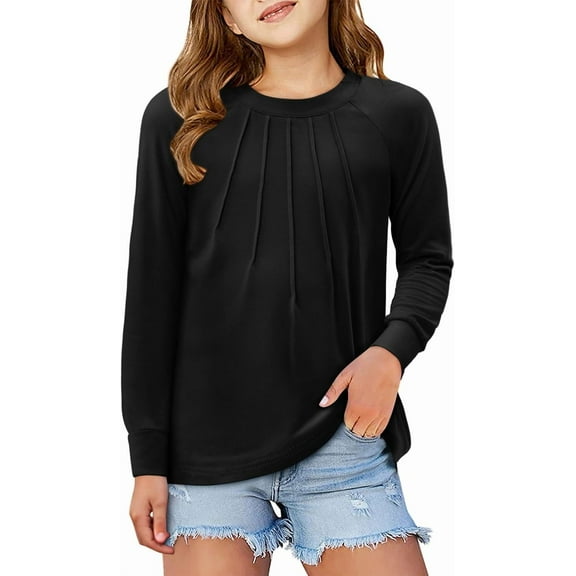 KISSMODA Girls Long Sleeve Casual Front Pleats Blouses & Tops, Round Neck, 4-14 Years
