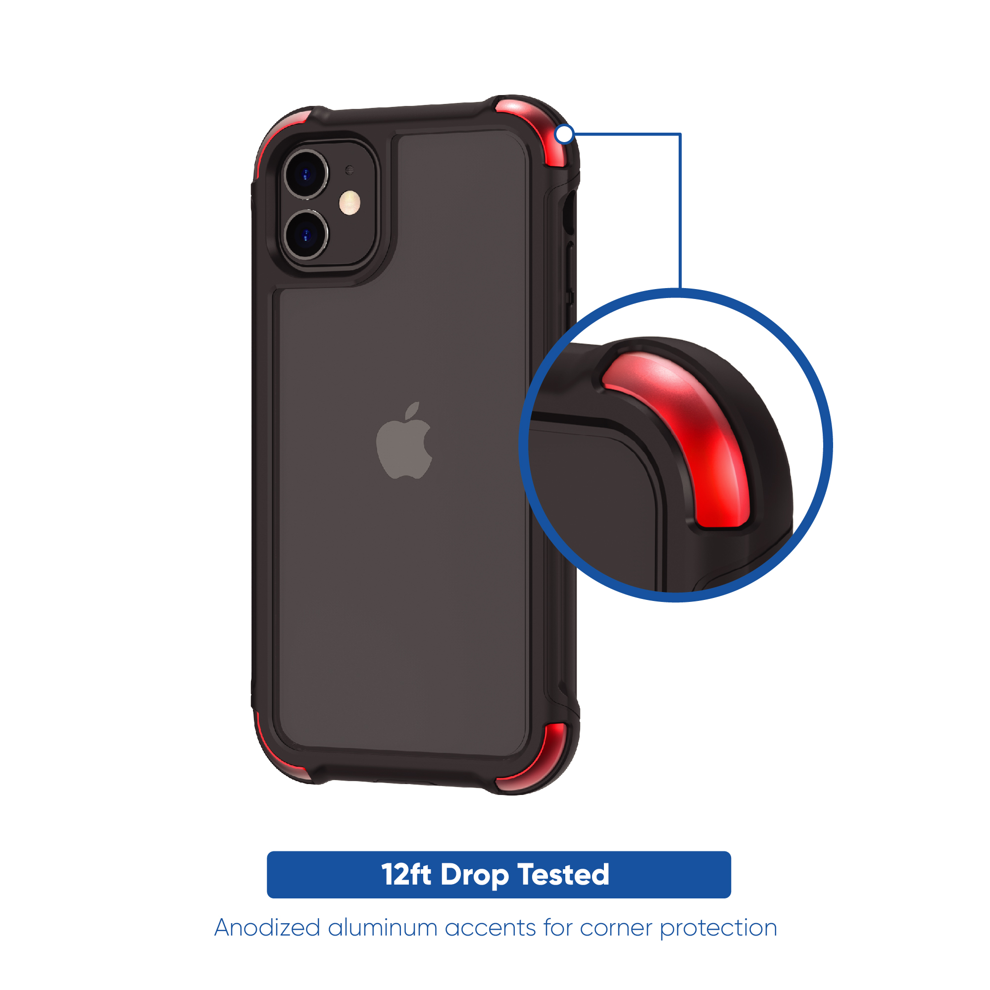 onn. Protective Dual-Layer Phone Case with Metal Corner Defense for iPhone XR, iPhone 11 - Clear with Black/Red