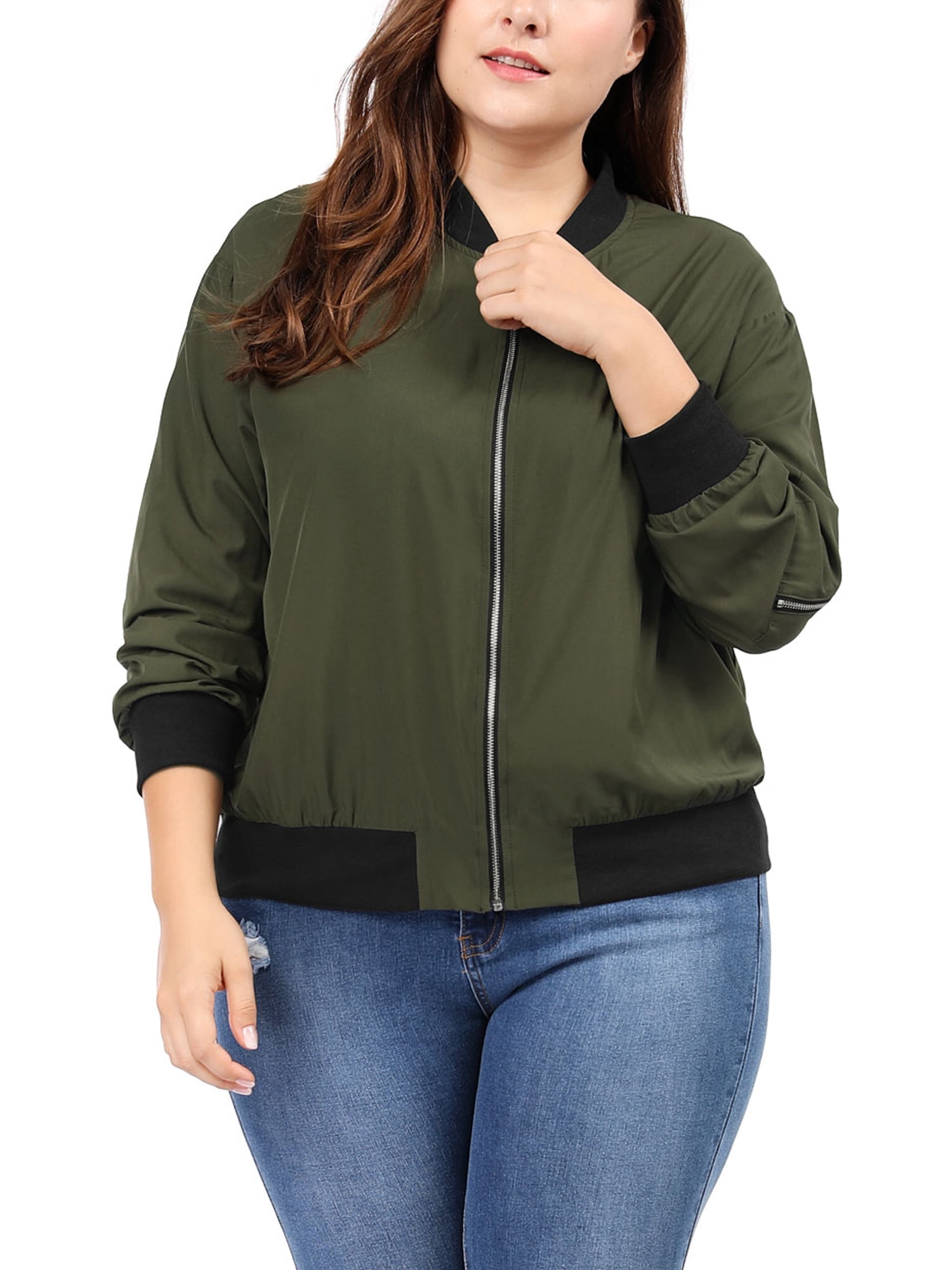 Unique Bargains Women's Plus Size Zipper Trim Outerwear Bomber Jacket