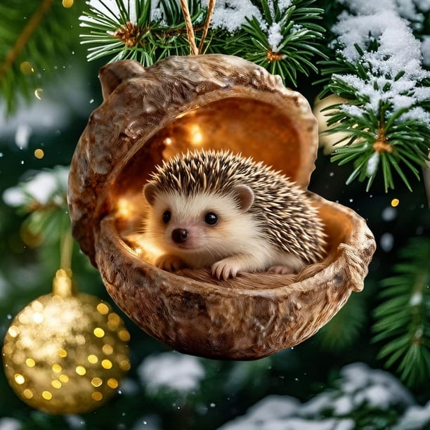 Decoración del hogar, decoración de habitaciones, decoración de paredes, adornos de bosque, adornos navideños de bosque, lindos adornos navideños con luces, mini erizo de resina, decoración colgante d