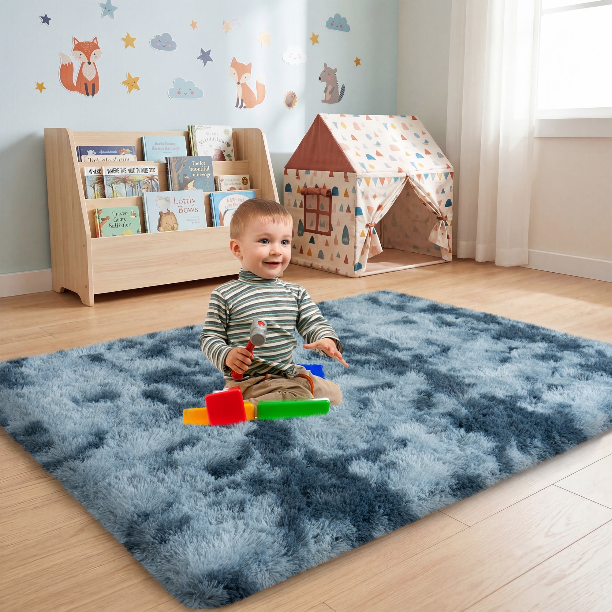 ZENELESS 4x6ft Fluffy Rugs,Super Soft Indoor Modern Carpets,Anti-skid Fuzzy Area Rug for Teens Dorm Nursery Bedroom Home Decor Tie-dye Blue&Gray