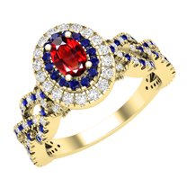 Dazzlingrock Collection 6X4mm Oval Garnet with Round Blue Sapphire & White Diamond Interweaving Double Halo Wedding Ring for Women in 10K Yellow Gold, Size 6.5