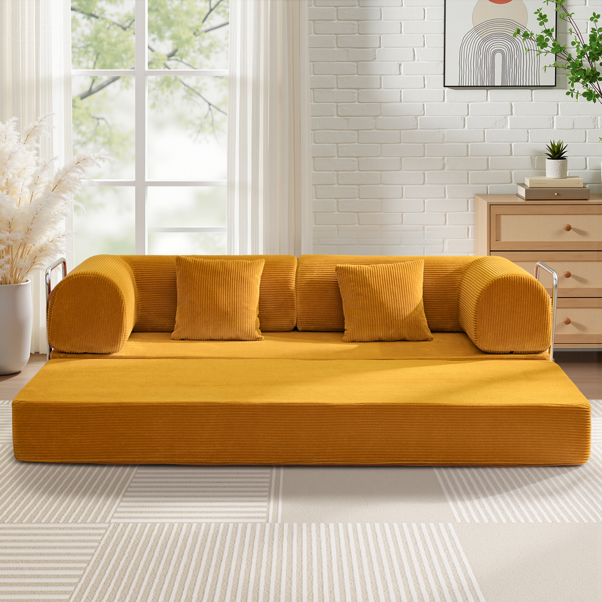 COOLHUT 78.7" W Combination Sofa, High Rebound Density Foam Sofa Couch, Two Forms Floor Couch Three Seats Sofa Bed for Living Room, Bedroom, Ginger