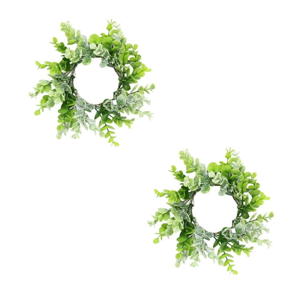 LHNFT 2PCS Artificial Boxwood Spring Candle Rings Wreaths 3 Inch Center for Pillars Green Faux Eucalyptus Leaves Candle Ring Holder Mini Greenery Wreath for Wedding Party Holiday Table Centerpieces