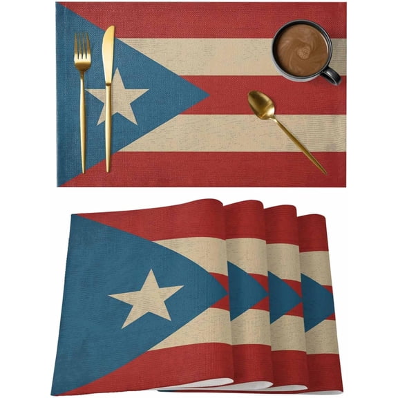 Placemats Set of 6, Puerto Rico Flag Washable Wipeable Table Mats for Dining Tables, Red Blue Vintage Indoor Outdoor Waterproof Kitchen Place Mats for Holiday Table Decor