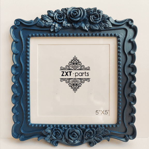 5x5 Frame 4x4 Mat,Resin Blue Retro European,Real Glass,Wall/Table Handmade Hollow-Carved Style,Black Suede Backing,Fits 4.5x4.5/4x4 Photos,For Bedroom,Living Room,Office,Gift
