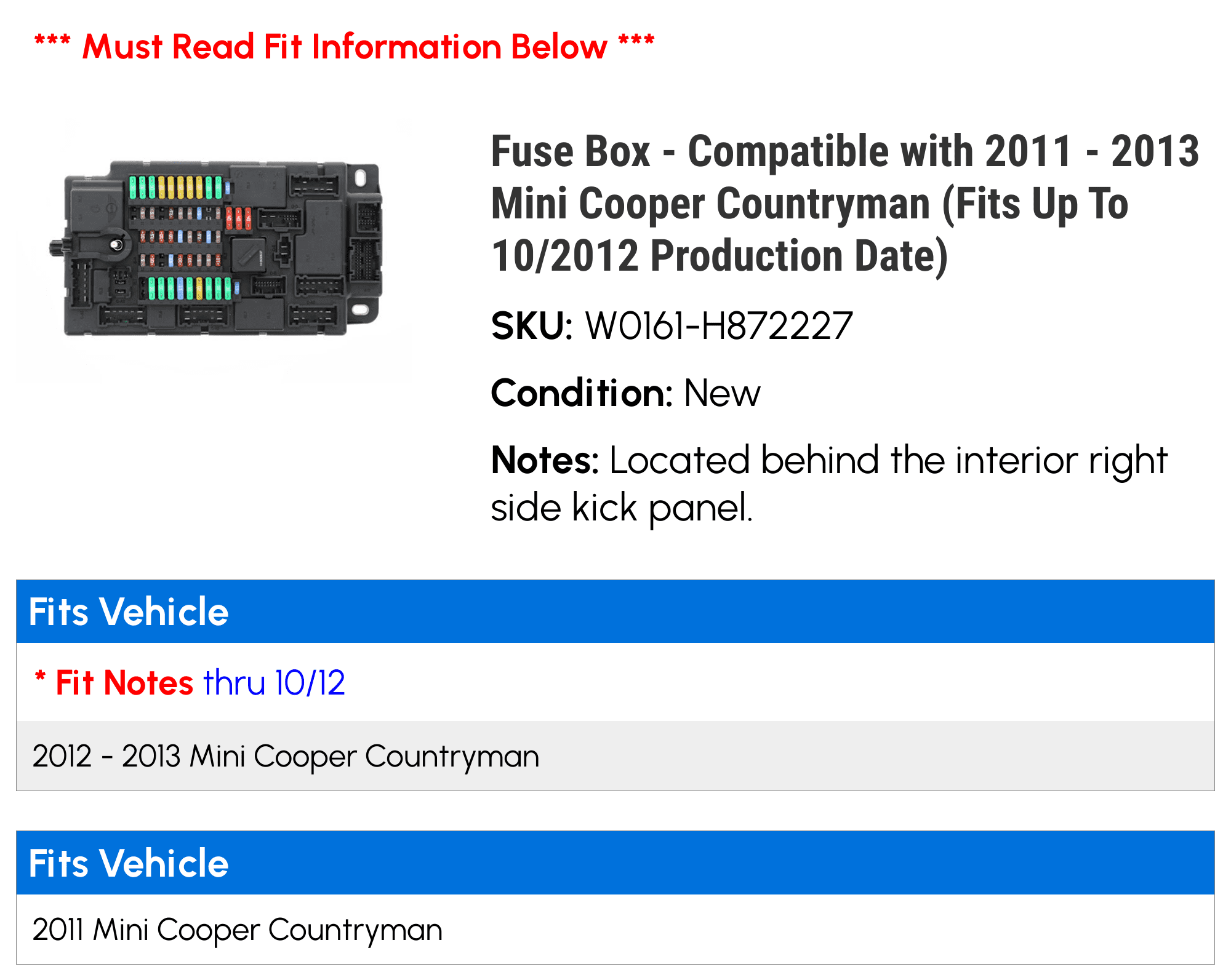 2011 mini cooper cigarette lighter fuse Fuse Box - Compatible with 2011 - 2013 Mini Cooper Countryman (Fits Up To  10/2012 Production Date)