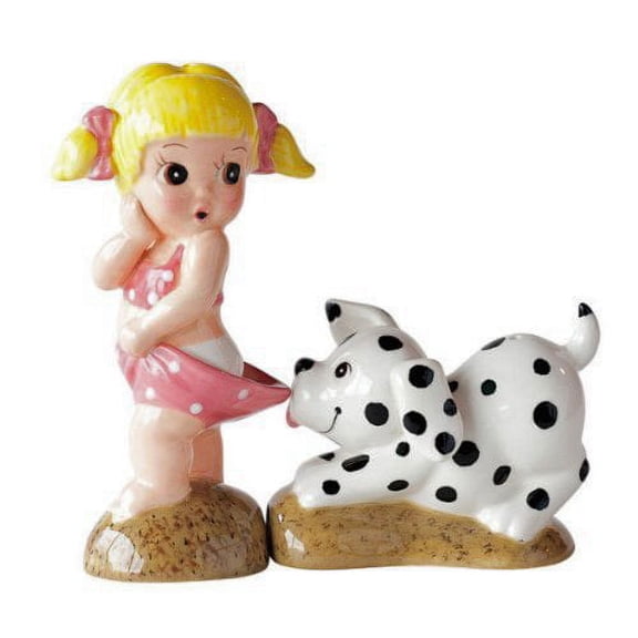 Tabletop Little Girl W/Dog Salt & Pepper Ceramic Suntan Blonde Bikini Pj0563