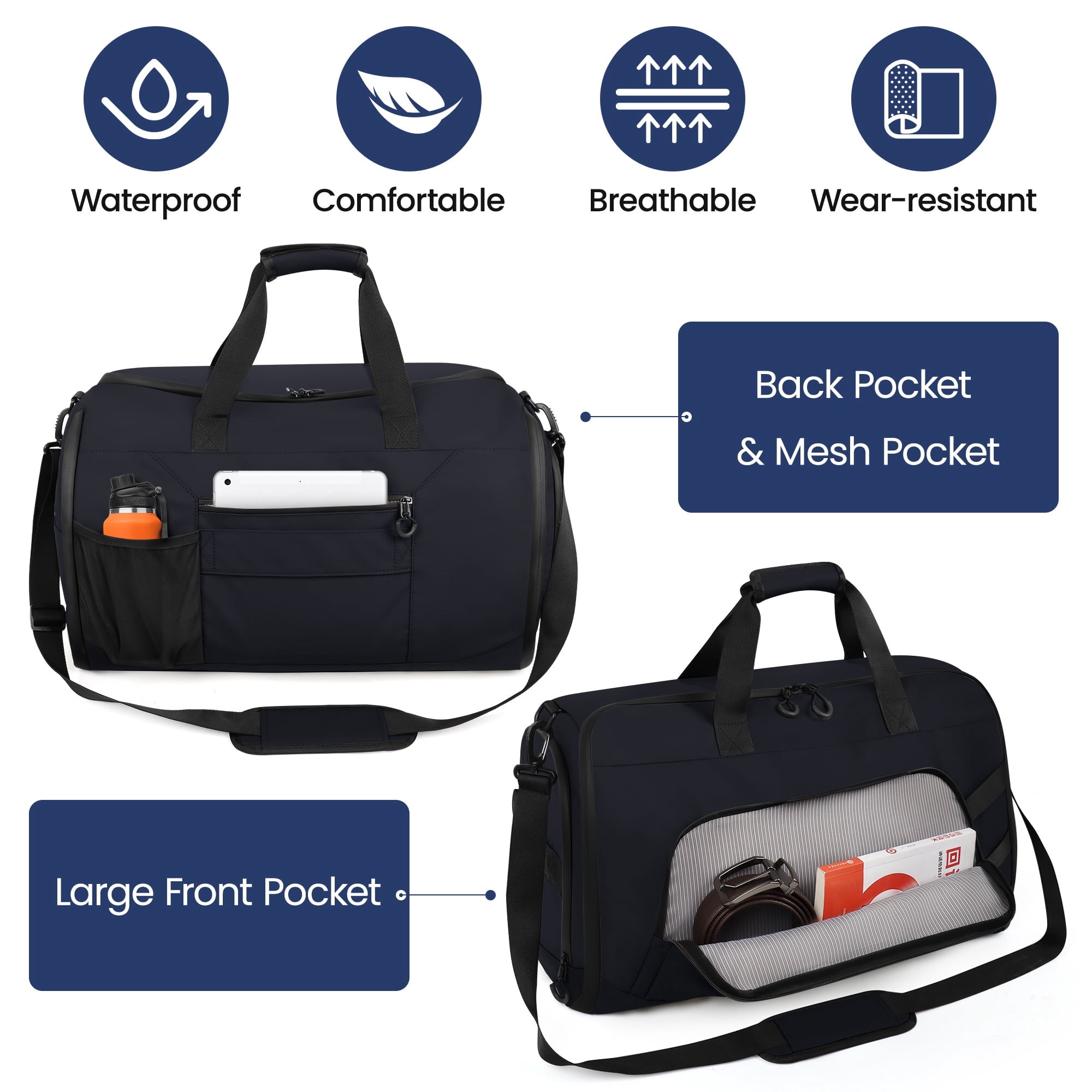 Convertible Garment Duffel Bag with Shoulder Strap, Foldable Duffle Bag for Men Women, 2-in-1 Hanging Suitcase Suit Travel Bag, Navy - GB261