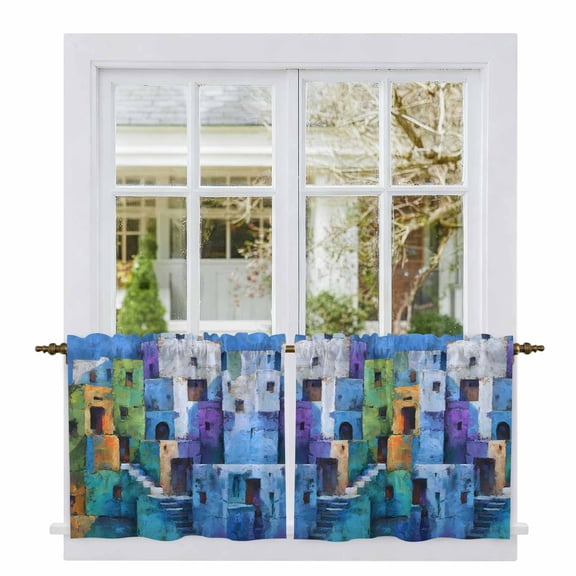 Abstract Blue Tier Curtains 24 Inch Length, Painting Buildings Geometric Modern Cafe Short Curtains for Bathroom Over Sink, Small Kitchen Curtain Light Filtering Tiered Drapes 2 Panels 27.5"Wx24"L