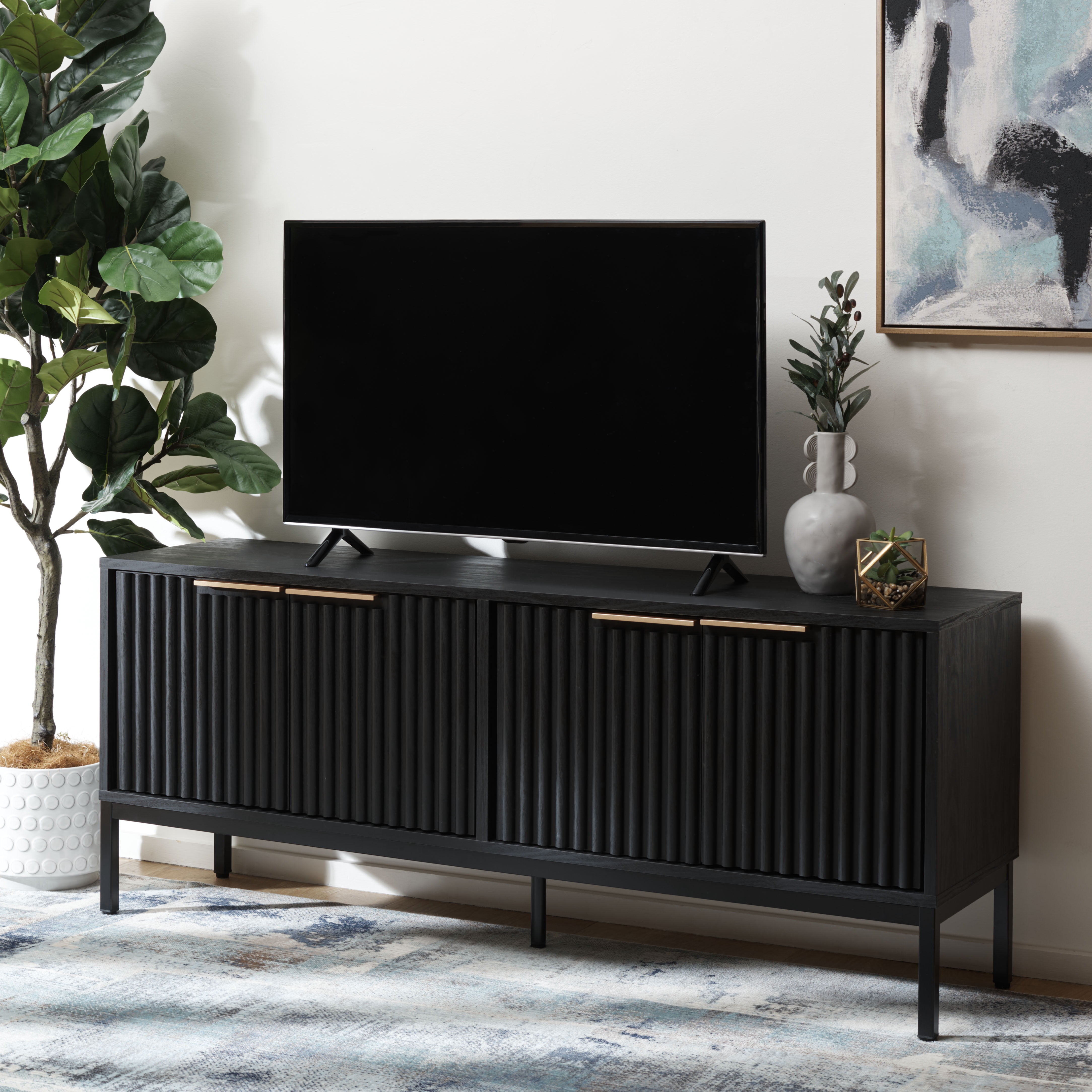 SAFAVIEH Lylia 4 Door Media Stand, Black/Black Legs/Gold Handle (60.8 in. W x 17.7 in. D x 24.6 in. H)