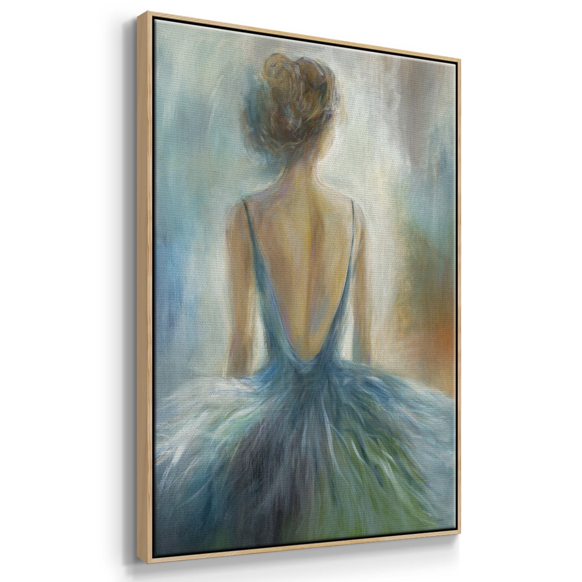 Lady in Blue Framed Premium Gallery Wrapped Canvas - Ready to Hang - 25 x 37 - Natural Wood Floating Frame