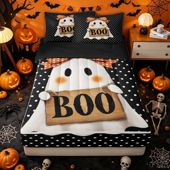 Homewish Boo Bow Ghost Zipper Full Size Comforter Sets with Fitted Sheet and 2 Pillowcases for Women, Polka Dot Orange Coquette Skull Zipper Bedding Set, Black Reversible, 4 Pieces