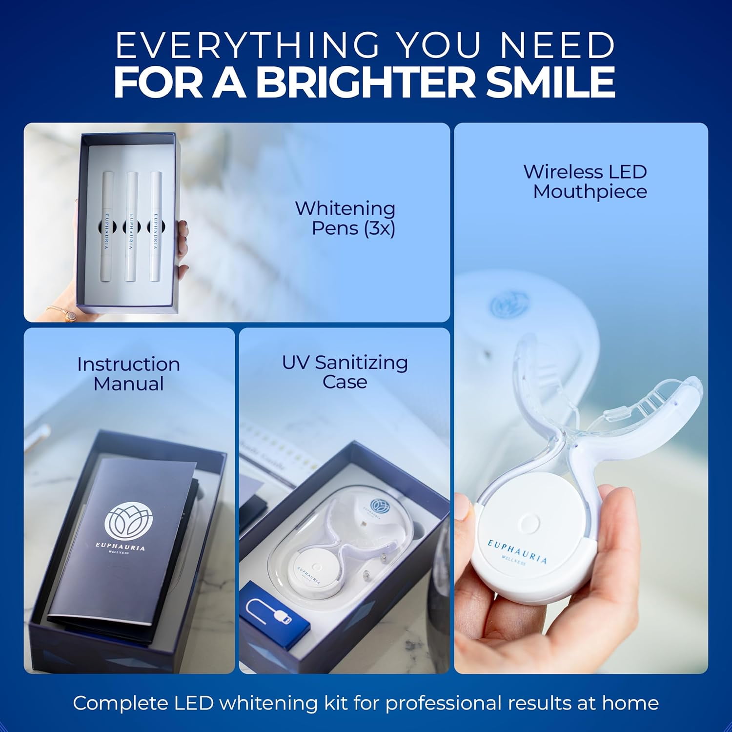 Euphauria Teeth Whitening Kit with LED Light, At-Home Sensitive Teeth Whitener, Red and Blue UV Whitening Spectrum